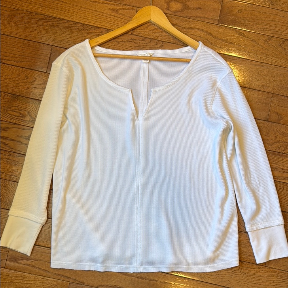 Caslon White Split Neck Thermal Waffle Knit Long Sleeve Top